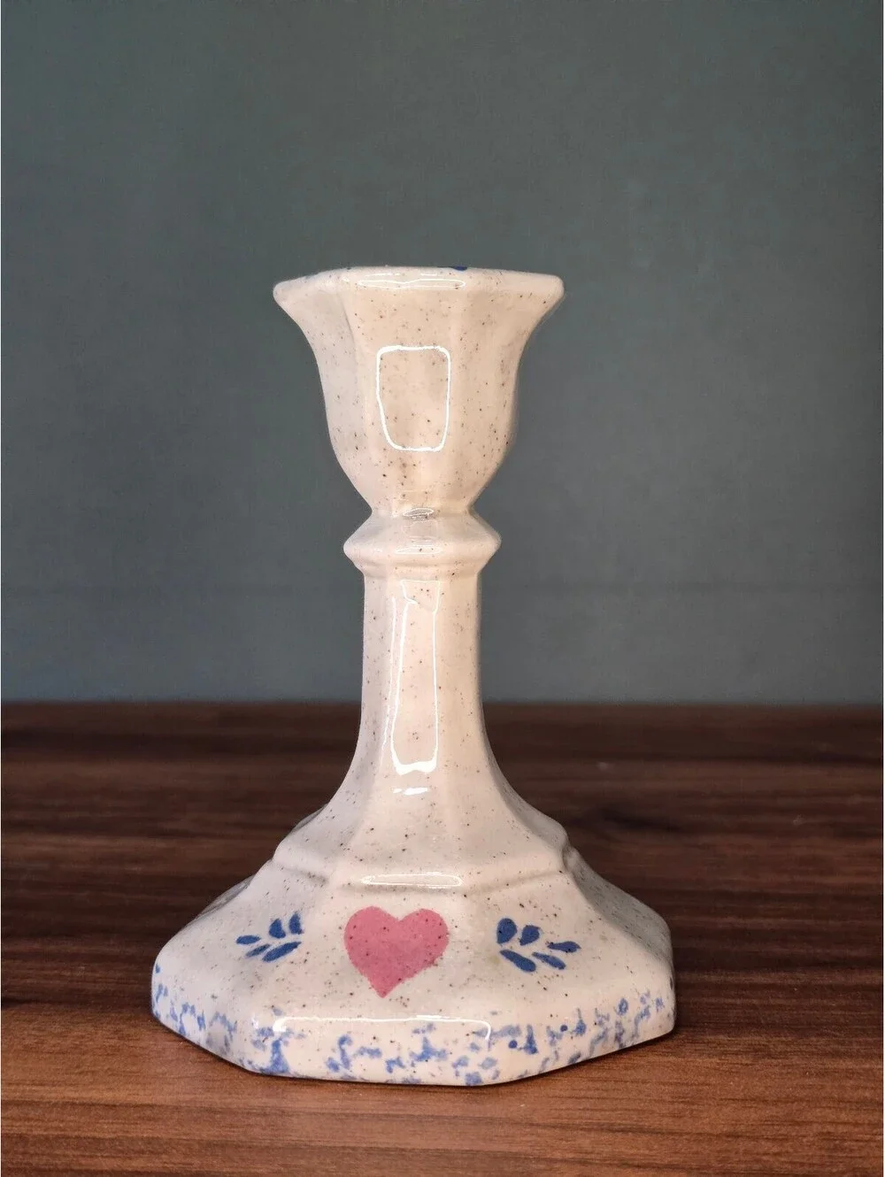 Vintage Spongeware Heart Ceramic Candlestick Holder Country Decor
